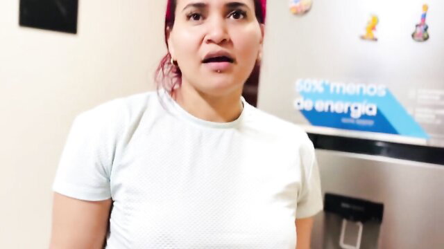 Hot Latina redhead in tight white top by fridge, surprised expression