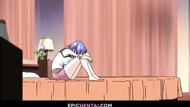 Blue-haired anime girl Kozue sits nude on bed, sad expression, hentai thumbnail