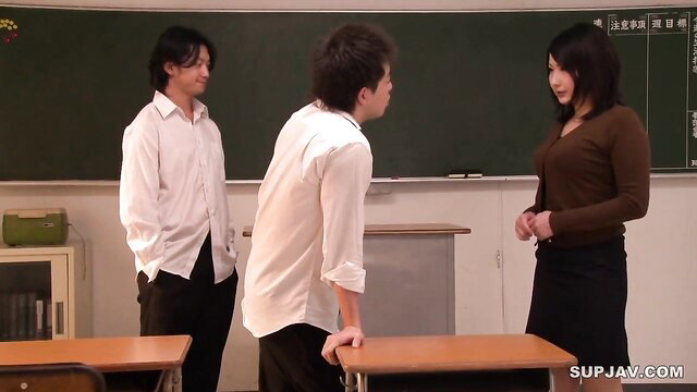 Haruka shy wife sex ed lesson with two men in classroom JAV