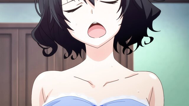 Black-haired anime hentai girl ahegao face, open mouth tongue out, blue lingerie