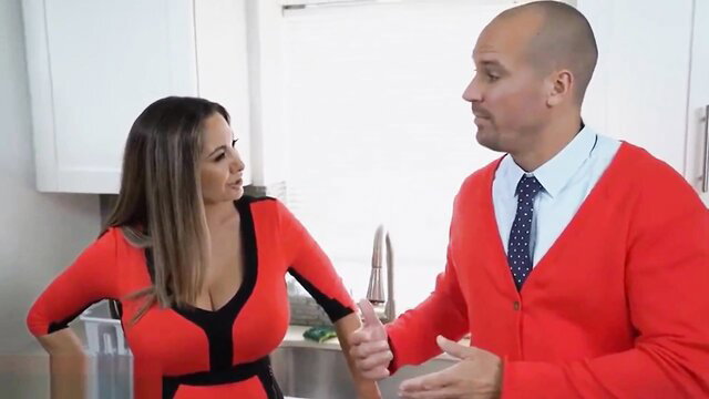 Ava Addams in tight red dress flirts with stepdad in kitchen