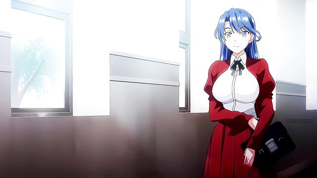 Blue-haired anime hentai babe in tight red dress with huge tits posing seductively