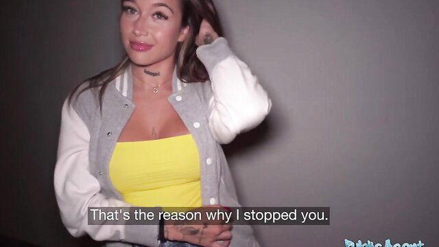 Thick Latina in varsity jacket and yellow tube top teases