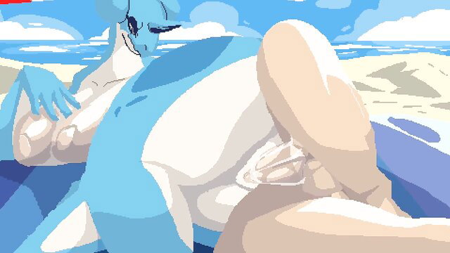 Thicc blue furry dragon girl lounging nude on beach, explicit genital view