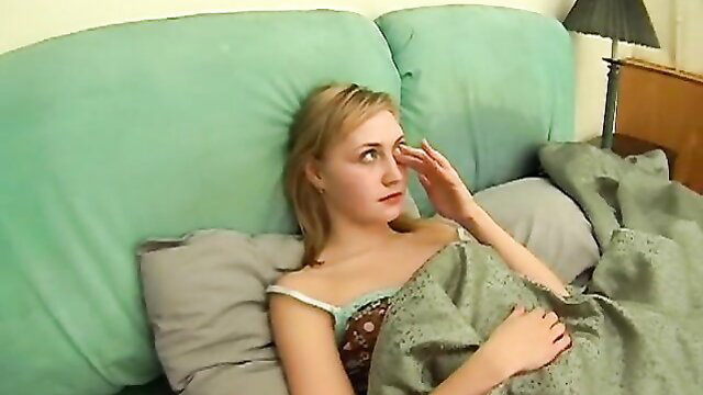 Blonde amateur drunk girl in lingerie on bed, teasing deep penetration