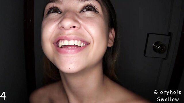 First Time Franny smiling up at gloryhole, ready to swallow cum