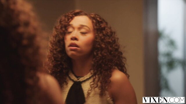 Curly haired black beauty Willow in elegant dress, Vixen tease