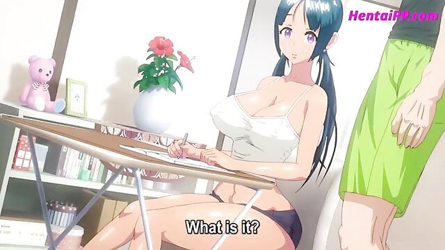 Anime babe in tight white tank top and shorts bent over desk for doggy pounding