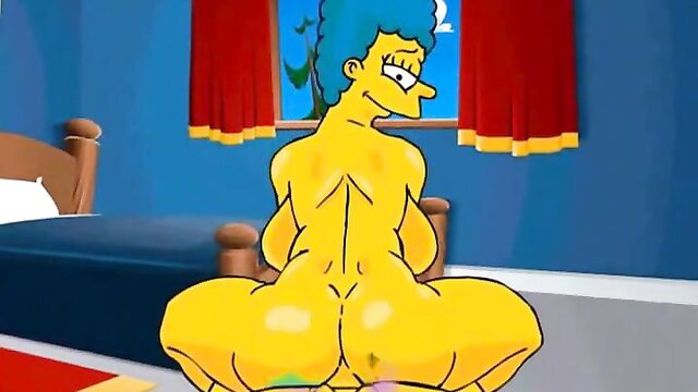 Nude blue-haired Simpsons MILF Marge Simpson showing huge yellow ass in bedroom