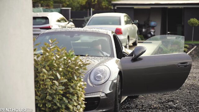 Shalina Devine by sleek gray Porsche, hot outdoor tease