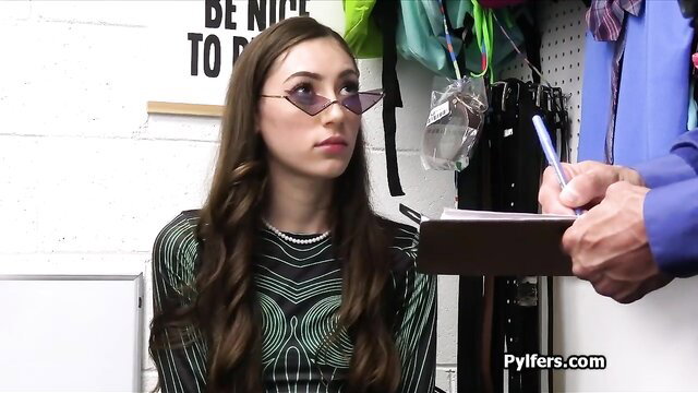 Alien fanatic hottie in green bodysuit busted by mall cop