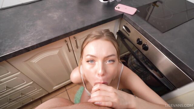 Lis Evans blonde stepsister POV blowjob in kitchen, lips on cock