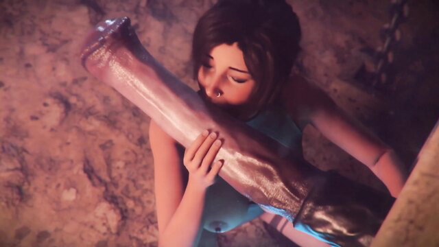 Lara Croft 3D hentai sucking massive monster horsecock in wild cave sex