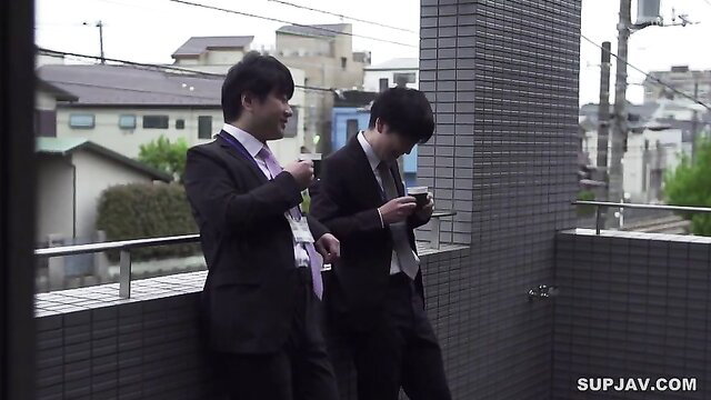 Two suited Japanese men on balcony in NTR JAV with Sayuri Hayama