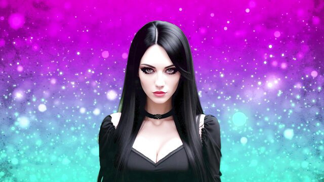 Gothic beauty with pale skin, black hair, choker in hypnotic purple glow