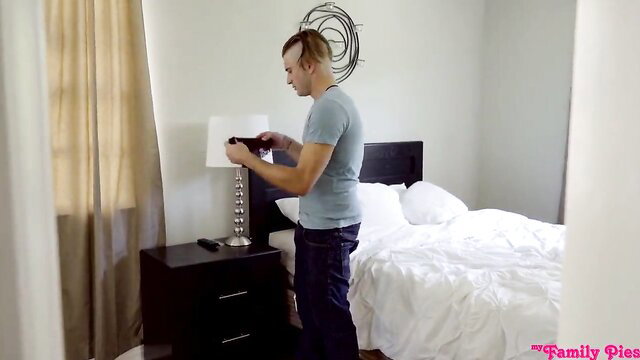 Guy holding lamp by bed in step-sis anal fuck scene