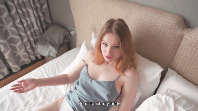 Hot redhead stepsister in silk slip says 'Don't touch my body' on bed