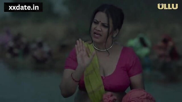 Indian MILF bahu in pink saree blouse, shocked expression, Ullu show