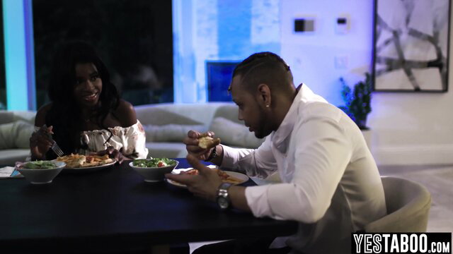 Nicole Kitt petite ebony MILF and BBC husband eating clothed