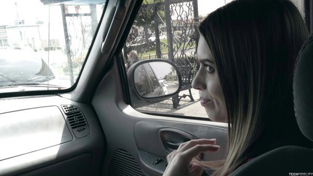 Jill Kassidy looking seductive in car mirror, hot brunette teen