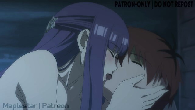 Purple-haired Fern passionately kissing red-haired Stark in steamy hentai scene