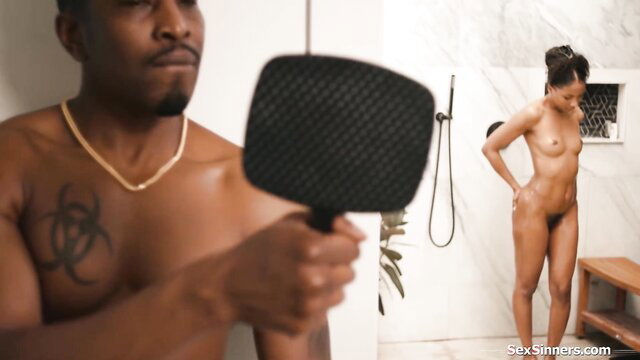 Black guy spies on busty ebony bestie nude in shower with toy