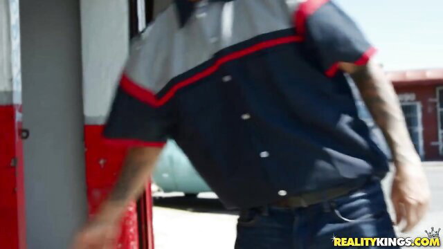 Abella Danger in mechanic uniform at Reality Kings balcony scene