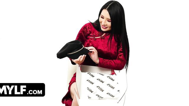 Suki Sin in red cheongsam holding hat, MYLF Asian vixen