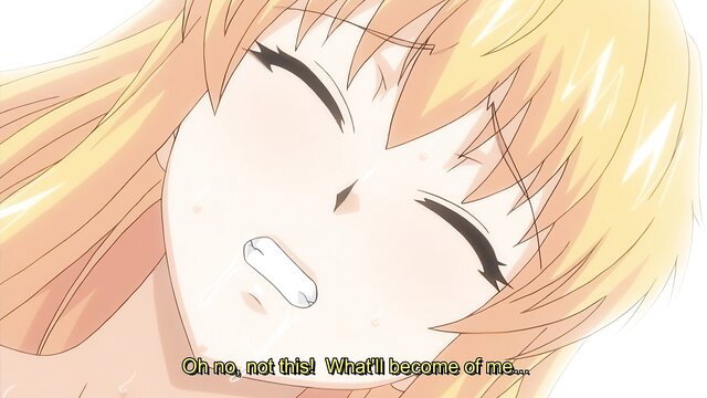 Blonde anime girl in Kyonyuu Kazoku Saimin panics with ahegao face, flushed ecstasy