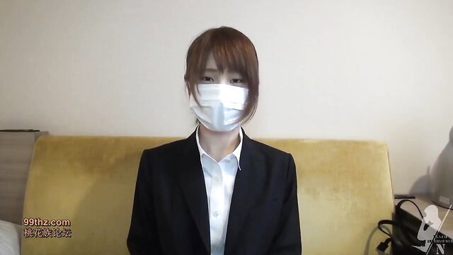 Japanese office lady in suit and mask, amateur JAV closeup