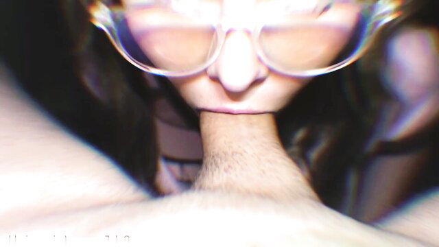 Closeup POV Asian girl in glasses deepthroating cock