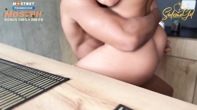 Hot neighbor babe hugs & grinds nude on big black cock guy