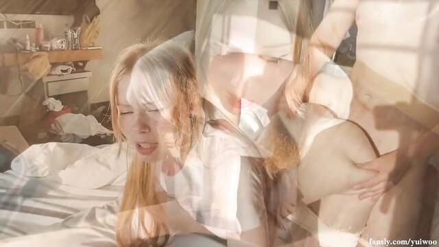 Blonde stepmom fucked by stepson in hotel room, closeup oral sex