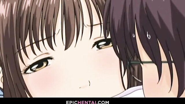 Anime girl with big tits and glasses teases in close-up hentai paizuri fantasy
