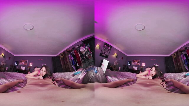 Asian beauty spreads legs wide in POV solo tease on bed