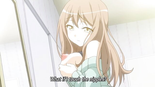 Anime girl in sweater touching her nipple, curious JAV hentai scene