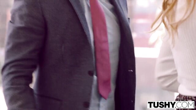 Avery Cristy in tight white top and suit with man, Tushy butt plug tease