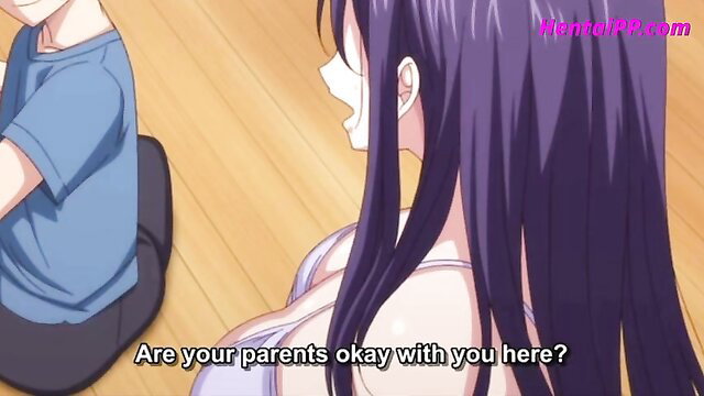 Busty purple-haired hentai mom chats with young boy, huge tits spilling out
