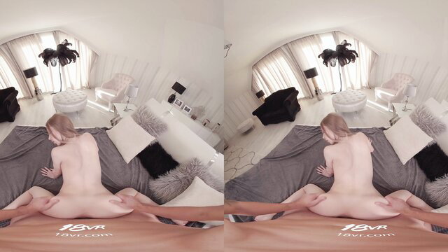 Nude Nataly Gold spreads wet pussy on bed in 18VR solo