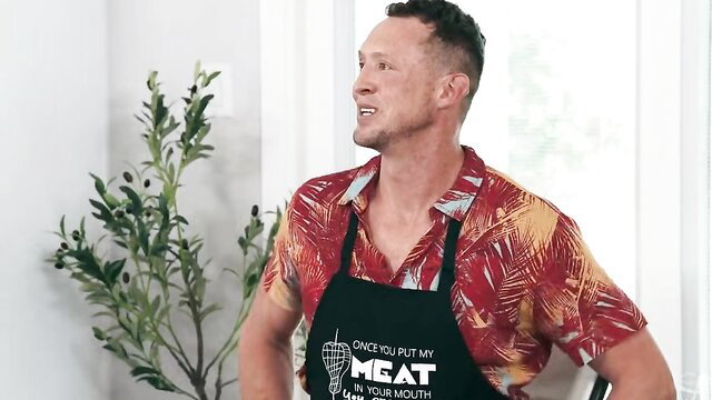 Hot guy in cheeky 'Put Meat in Your Mouth' apron from Thicc Juicy BBQ