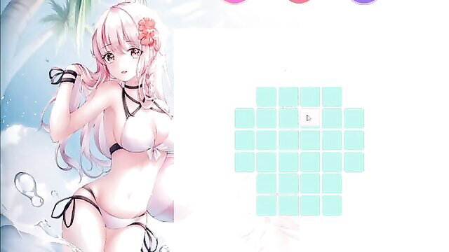 Pink-haired anime hentai girl in skimpy white bikini posing seductively on beach