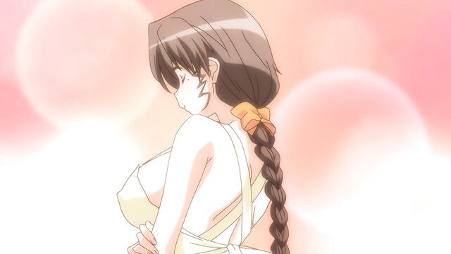 Busty hentai mom with long braid in skimpy dress, side view tease