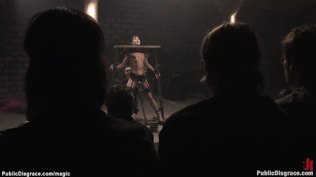 Bound male slave endures public butt banging humiliation