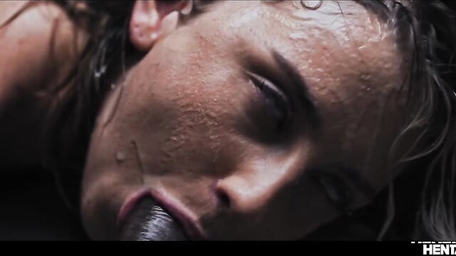 Sweaty blonde hottie deepthroating massive monster cock in Hentaied scene