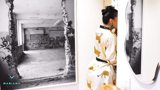 Mariana Matrix in leopard print robe, curvy ass, mirror selfie tease