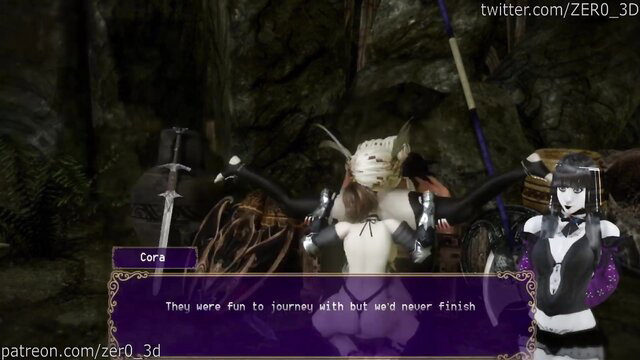 Goth girls Cora and monster in erotic dungeon hentai scene