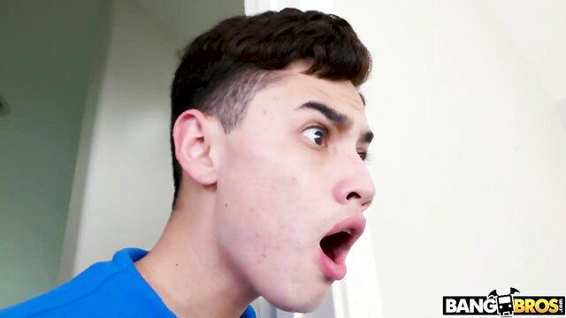 Young Latino guy shocked expression in BangBros step-sibling scene with Abella Danger