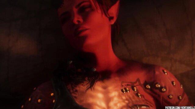 Sexy red-skinned elf with elf ears, tattoos, piercings in dim red light