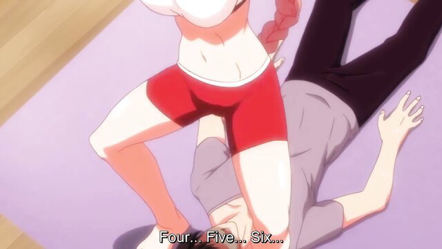 Busty hentai milf in red shorts squats over guy counting during facesit