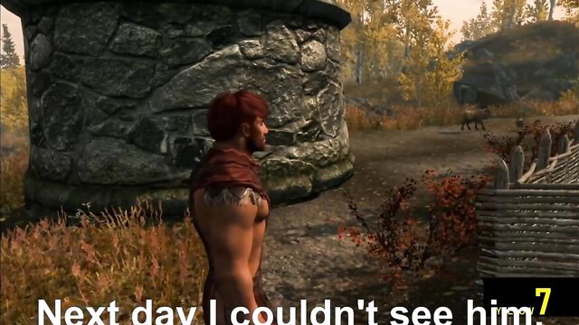 Yellow Seven nude redhead hunk farmer standing by stone tower in Fallout mod porn